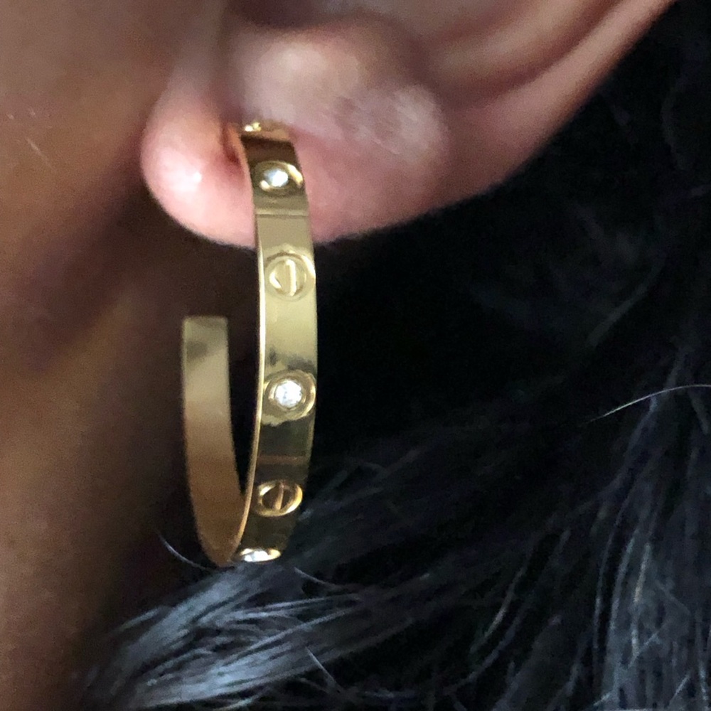 Gold Screw Earrings Zirconia Hoops - Picture 15 of 17